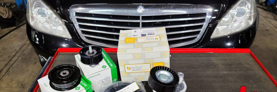 BENZ W220 S350 電瓶燈亮 引擎燈亮 引擎異音燒焦味綜合皮帶固定墮倫調整墮倫